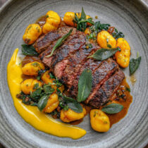 Ribeye Steak with Pumpkin Gnocchi and Crispy Sage on a plate