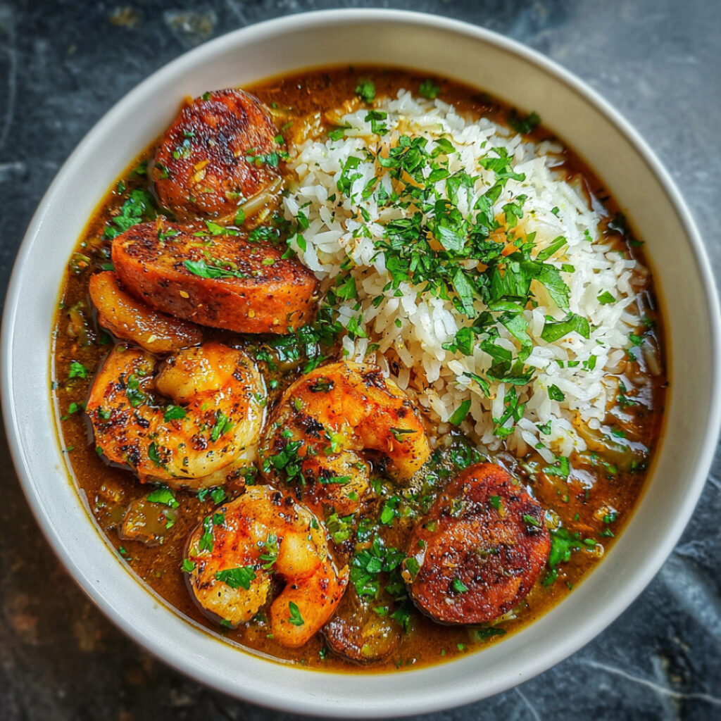 Truffle Spiced Gulf Shrimp & Sausage Gumbo with Garlic Rice in a bowl