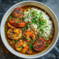 Truffle Spiced Gulf Shrimp & Sausage Gumbo with Garlic Rice in a bowl