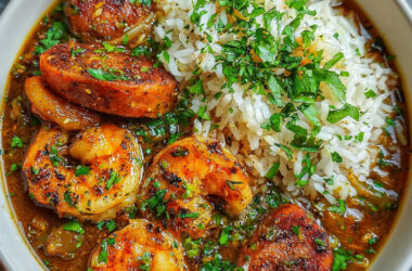 Truffle Spiced Gulf Shrimp & Sausage Gumbo with Garlic Rice in a bowl