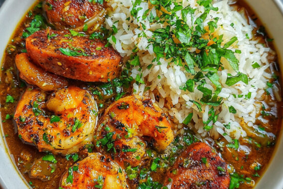 Truffle Spiced Gulf Shrimp & Sausage Gumbo with Garlic Rice in a bowl