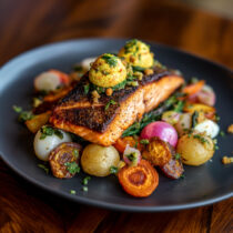 Seared Salmon with Deviled Egg Relish and Roasted Root Vegetables on a plate