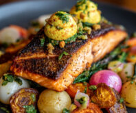 Seared Salmon with Deviled Egg Relish and Roasted Root Vegetables